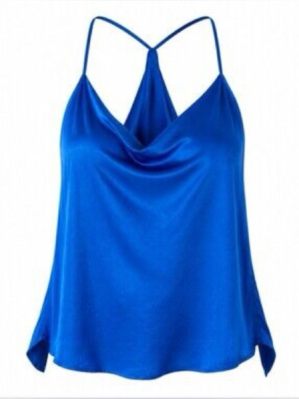 Zara Satin Open Back Cowl Neck Spaghetti Strap Tank Top - Cobalt Blue